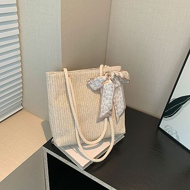 Women's Straw Woven Tote Bag with Bow Accent - Lightweight Summer Shoulder Bag