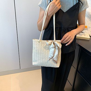 Women's Straw Woven Tote Bag with Bow Accent - Lightweight Summer Shoulder Bag