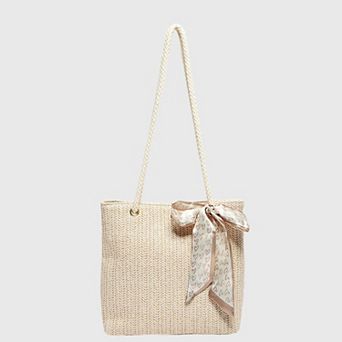 Women's Straw Woven Tote Bag with Bow Accent - Lightweight Summer Shoulder Bag
