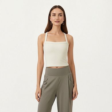 Womens's Square Neck Ribbed Knit Cropped Tank Top with Wide Shoulder Straps