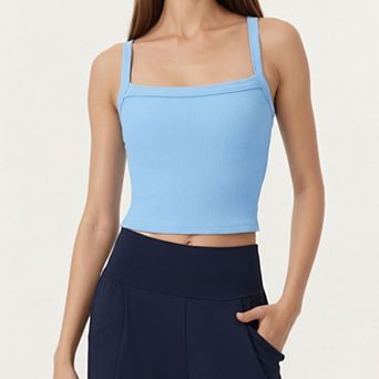 Womens's Square Neck Ribbed Knit Cropped Tank Top with Wide Shoulder Straps