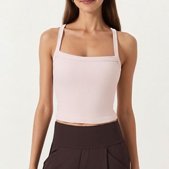 Womens's Square Neck Ribbed Knit Cropped Tank Top with Wide Shoulder Straps