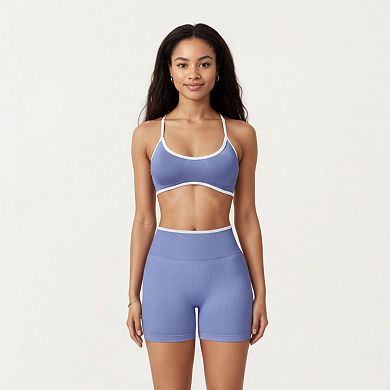 Womens's Contrast Trim Scoop Neck Sports Bra with Adjustable Spaghetti Straps