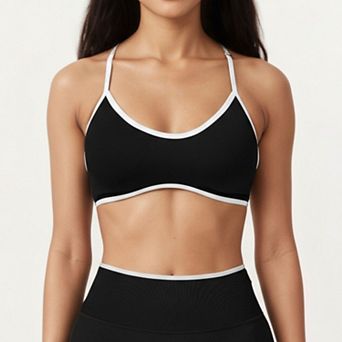 Womens's Contrast Trim Scoop Neck Sports Bra with Adjustable Spaghetti Straps