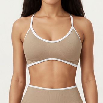 Womens's Contrast Trim Scoop Neck Sports Bra with Adjustable Spaghetti Straps