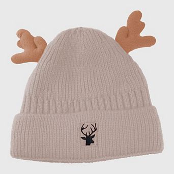 Women's Knit Beanie with Reindeer Antlers - Festive Winter Hat