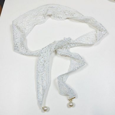 Women's Floral Lace Ribbon Belt with Oversized Bow and Pearl Drop Details 59in