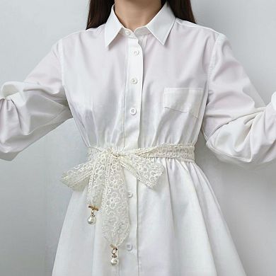 Women's Floral Lace Ribbon Belt with Oversized Bow and Pearl Drop Details 59in