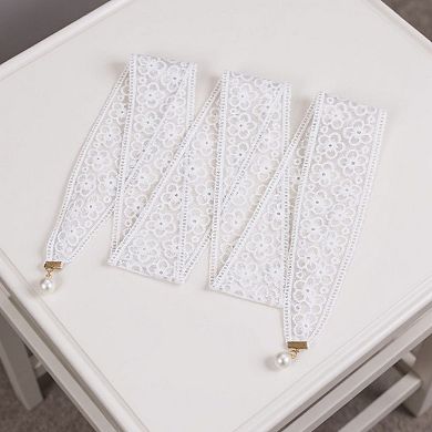 Women's Floral Lace Ribbon Belt with Oversized Bow and Pearl Drop Details 59in