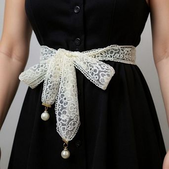 Women's Floral Lace Ribbon Belt with Oversized Bow and Pearl Drop Details 59 in
