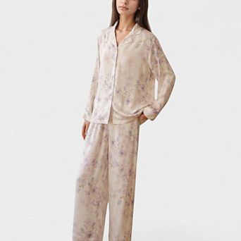 Womens's Long Sleeve Pajama Set Watercolor Floral Print Button-Up Top with Relaxed Wide Leg Pants