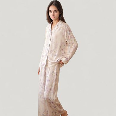 Womens's Long Sleeve Pajama Set Watercolor Floral Print Button-Up Top with Relaxed Wide Leg Pants