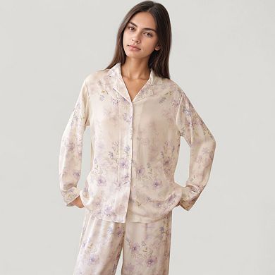 Womens's Long Sleeve Pajama Set Watercolor Floral Print Button-Up Top with Relaxed Wide Leg Pants
