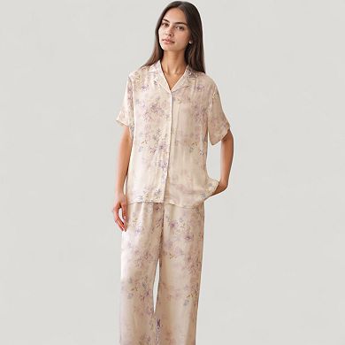 Womens's Long Sleeve Pajama Set Watercolor Floral Print Button-Up Top with Relaxed Wide Leg Pants