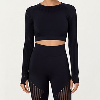 Womens's Long Sleeve Seamless Crop Top with Ribbed Texture and Contour Panels