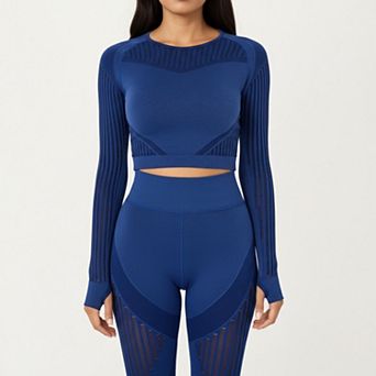 Womens's Long Sleeve Seamless Crop Top with Ribbed Texture and Contour Panels