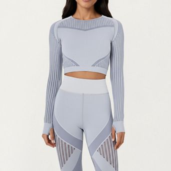 Womens's Long Sleeve Seamless Crop Top with Ribbed Texture and Contour Panels
