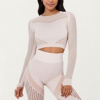 Womens's Long Sleeve Seamless Crop Top with Ribbed Texture and Contour Panels
