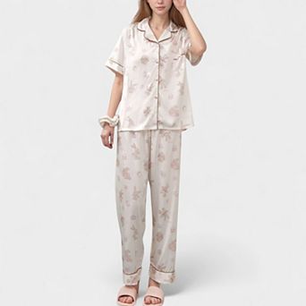 Womens's Cartoon Bunny Print Pajama Set with Short Sleeve Button-Up Top and Wide Leg Lounge Pants