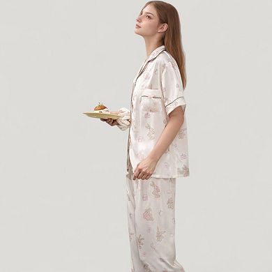 Womens's Cartoon Bunny Print Pajama Set with Short Sleeve Button-Up Top and Wide Leg Lounge Pants