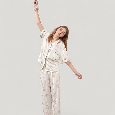 Womens's Cartoon Bunny Print Pajama Set with Short Sleeve Button-Up Top and Wide Leg Lounge Pants