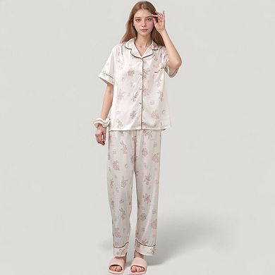 Womens's Cartoon Bunny Print Pajama Set with Short Sleeve Button-Up Top and Wide Leg Lounge Pants
