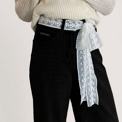 Women's Sheer Floral Lace Belt with Long Tie Ribbon Accent 53in