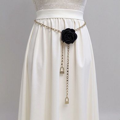Women's Rose Flower Chain Belt with Hanging Lock Charms and Adjustable Drape Design 45.5in