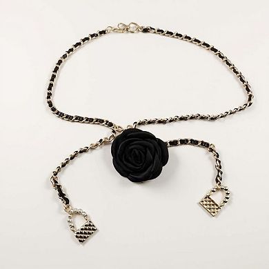 Women's Rose Flower Chain Belt with Hanging Lock Charms and Adjustable Drape Design 45.5in