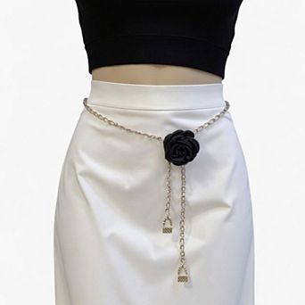 Women's Rose Flower Chain Belt with Hanging Lock Charms and Adjustable Drape Design 45.5in