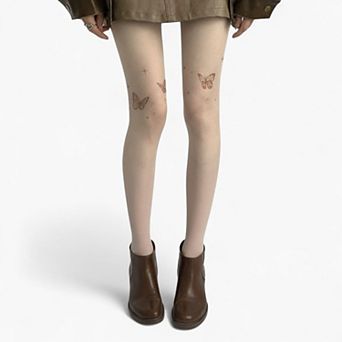 Women's Sheer Butterfly Print Tights with Subtle Sparkle Star Accents and Stretch Fit