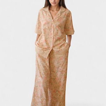 Womens's Floral Lace Trim Pajama Set Short Sleeve Button Top with Matching Wide Leg Lounge Pants