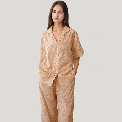 Womens's Floral Lace Trim Pajama Set Short Sleeve Button Top with Matching Wide Leg Lounge Pants