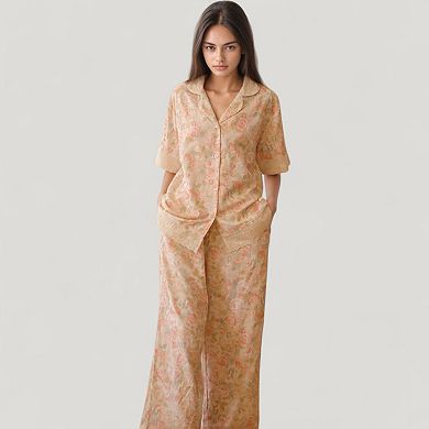 Womens's Floral Lace Trim Pajama Set Short Sleeve Button Top with Matching Wide Leg Lounge Pants