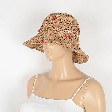 Women's Straw Bucket Hat with Cherry Embellishments
