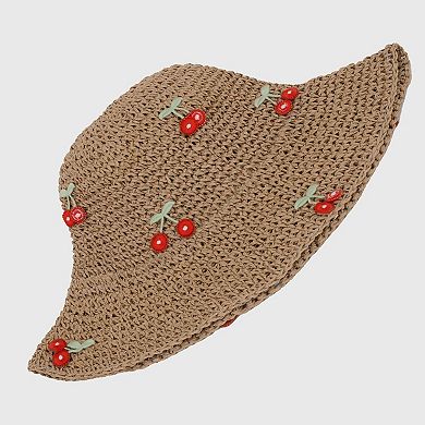Women's Straw Bucket Hat with Cherry Embellishments