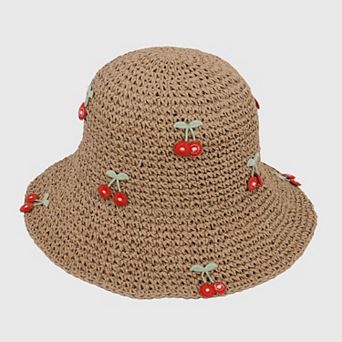 Women's Straw Bucket Hat with Cherry Embellishments