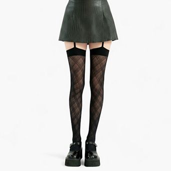 Women's Sheer Plaid Pattern Thigh High Tights with Elastic Band Top and Garter Style Detail