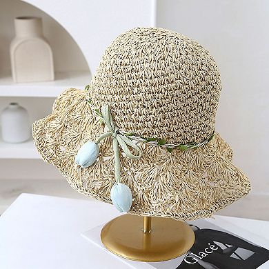 Women's Hand - Crocheted Straw Sun Hat with Floral Accents