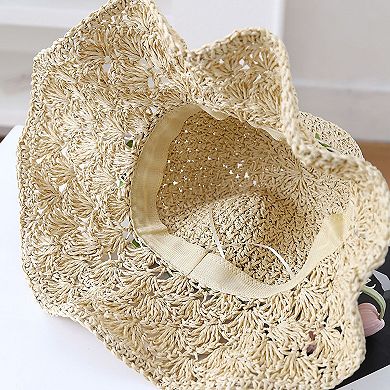 Women's Hand - Crocheted Straw Sun Hat with Floral Accents