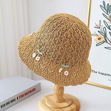 Women's Crochet Straw Sun Hat with Cherry Accents