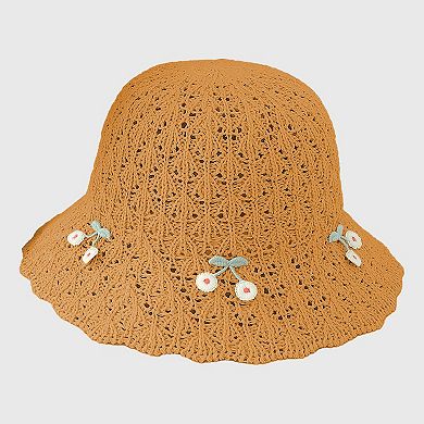 Women's Crochet Straw Sun Hat with Cherry Accents