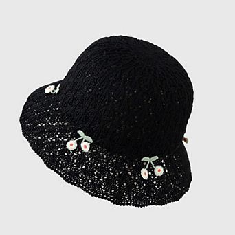 Women's Crochet Straw Sun Hat with Cherry Accents
