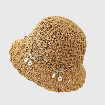 Women's Crochet Straw Sun Hat with Cherry Accents
