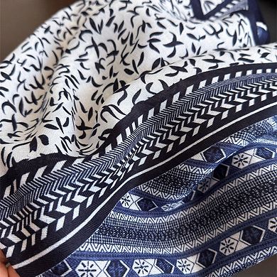 Women's Geometric and Leaf Print Satin Square Scarf with Contrasting Patterns 27x27in