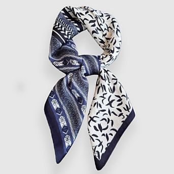 Women's Geometric and Leaf Print Satin Square Scarf with Contrasting Patterns 27x27in