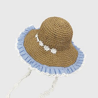 Women's Straw Sun Hat with Gingham & Lace Trim