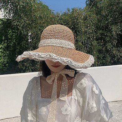 Women's Crochet Straw Sun Hat with Lace Trim & Bow