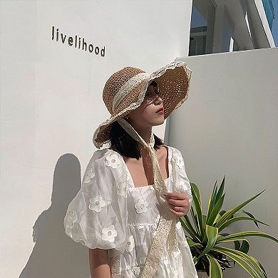 Women's Crochet Straw Sun Hat with Lace Trim & Bow