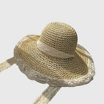 Women's Crochet Straw Sun Hat with Lace Trim & Bow